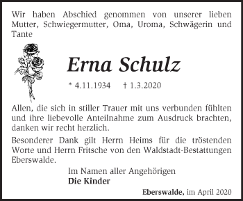 Traueranzeige von Erna Schulz von Märkische Oderzeitung
