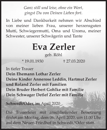 Traueranzeige von Eva Zerler von Märkische Oderzeitung