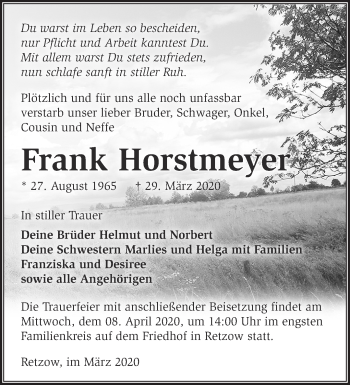 Traueranzeige von Frank Horstmeye von Märkische Oderzeitung