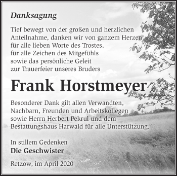 Traueranzeige von Frank Horstmeyer von Märkische Oderzeitung