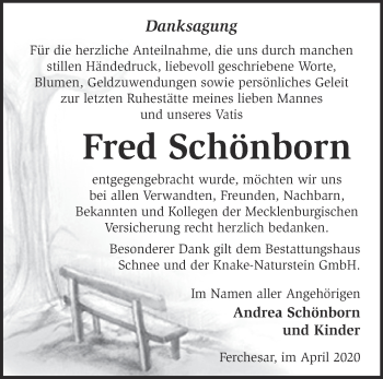 Traueranzeige von Fred Schönborn von Märkische Oderzeitung