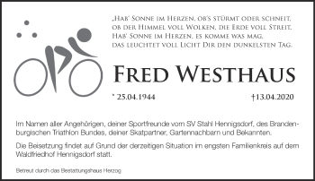 Traueranzeige von Fred Westhaus von Märkische Oderzeitung