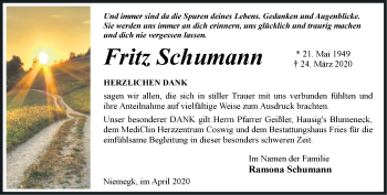 Traueranzeige von Fritz Schumann von Märkische Oderzeitung