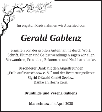 Traueranzeige von Gerald Gablenz von Märkische Oderzeitung