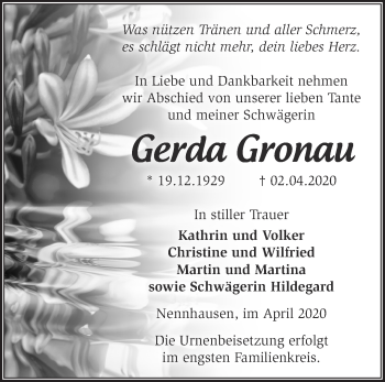 Traueranzeige von Gerda Gronau von Märkische Oderzeitung