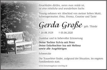 Traueranzeige von Gerda Große von Märkische Oderzeitung