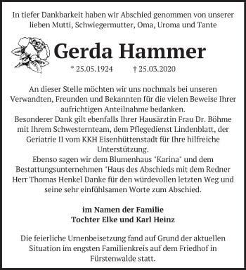 Traueranzeige von Gerda Hammer von Märkische Oderzeitung