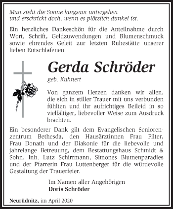 Traueranzeige von Gerda Schröder von Märkische Oderzeitung