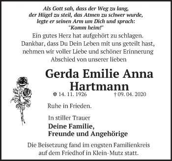 Traueranzeige von Gerda Emilie Anna Hartmann von Märkische Oderzeitung