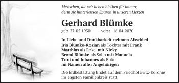 Traueranzeige von Gerhard Blümke von Märkische Oderzeitung