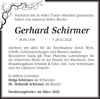 Traueranzeige von Gerhard Schirmer von Märkische Oderzeitung