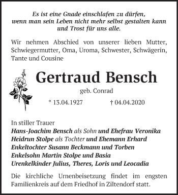 Traueranzeige von Gertraud Bensch von Märkische Oderzeitung