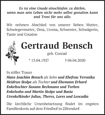 Traueranzeige von Gertraud Bensch von Märkische Oderzeitung