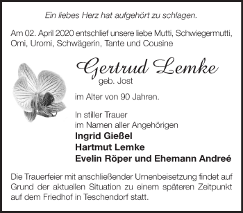 Traueranzeige von Gertrud Lemke von Märkische Oderzeitung