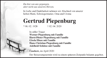 Traueranzeige von Gertrud Piepenburg von Märkische Oderzeitung