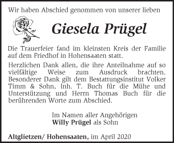 Traueranzeige von Giesela Prügel von Märkische Oderzeitung