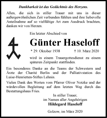 Traueranzeige von Günter Haseloff von Märkische Oderzeitung