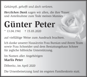 Traueranzeige von Günter Peter von Märkische Oderzeitung