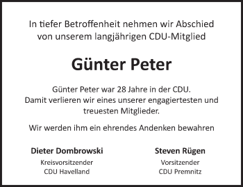 Traueranzeige von Günter Peter von Märkische Oderzeitung