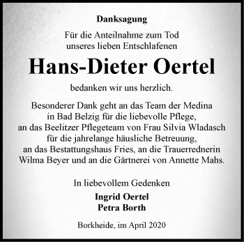 Traueranzeige von Hans-Dieter Oertel von Märkische Oderzeitung