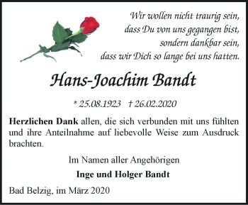 Traueranzeige von Hans-Joachim Bandt von Märkische Oderzeitung