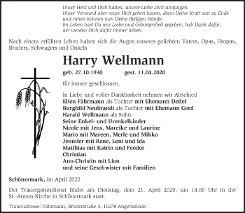 Traueranzeige von Harry Wellmann von Märkische Oderzeitung