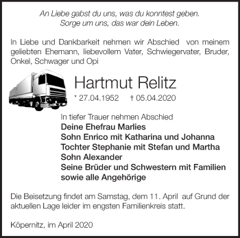 Traueranzeige von Hartmut Relitz von Märkische Oderzeitung