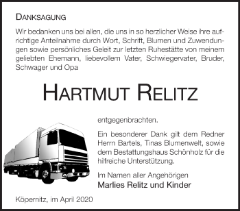 Traueranzeige von Hartmut Relitz von Märkische Oderzeitung