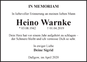 Traueranzeige von Heino Warnke von Märkische Oderzeitung