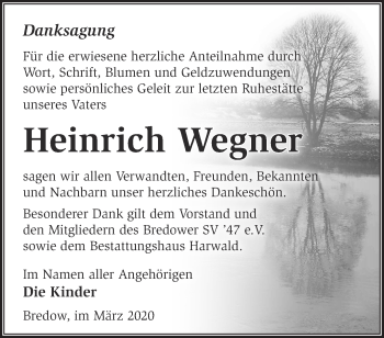 Traueranzeige von Heinrich Wegner von Märkische Oderzeitung