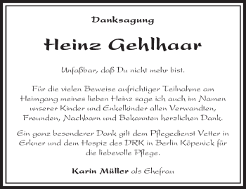 Traueranzeige von Heinz Gehlhaar von Märkische Oderzeitung