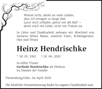 Traueranzeige von Heinz Hendrischke von Märkische Oderzeitung