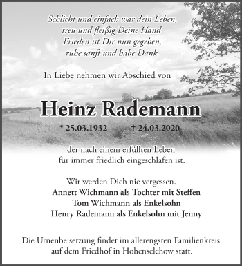 Traueranzeige von Heinz Rademann von Märkische Oderzeitung