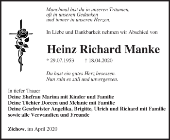 Traueranzeige von Heinz Richard Manke von Märkische Oderzeitung