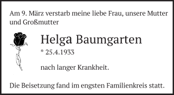 Traueranzeige von Helga Baumgarten von Märkische Oderzeitung