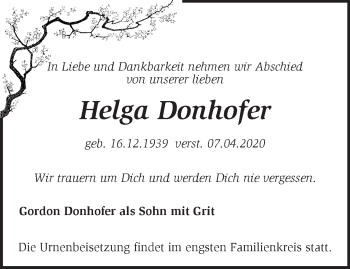 Traueranzeige von Helga Donhofer von Märkische Oderzeitung