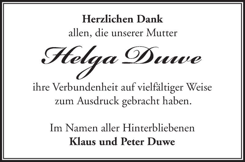  Traueranzeige für Helga Duwe vom 12.04.2020 aus Märkische Oderzeitung