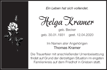 Traueranzeige von Helga Kramer von Märkische Oderzeitung