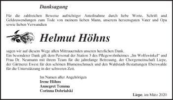 Traueranzeige von Helmut Höhns von Märkische Oderzeitung