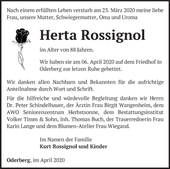 Traueranzeige von Herta Rossignol von Märkische Oderzeitung