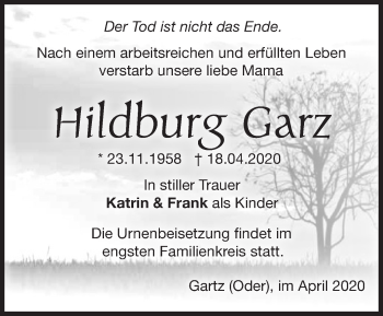 Traueranzeige von Hildburg Garz von Märkische Oderzeitung