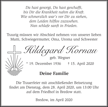 Traueranzeige von Hildegard Kornau von Märkische Oderzeitung