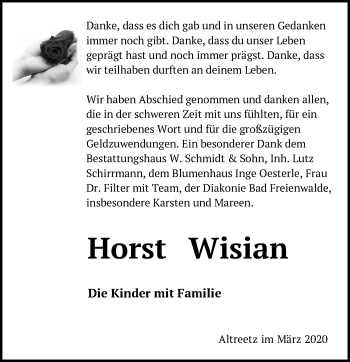 Traueranzeige von Horst Wisian von Märkische Oderzeitung