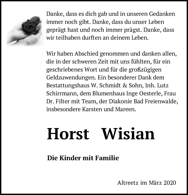  Traueranzeige für Horst Wisian vom 19.04.2020 aus Märkische Oderzeitung