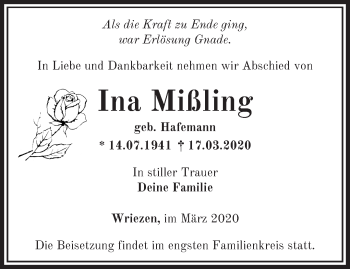 Traueranzeige von Ina Mißling von Märkische Oderzeitung