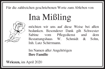 Traueranzeige von Ina Mißling von Märkische Oderzeitung