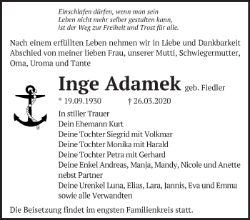 Traueranzeige von Inge Adamek von Märkische Oderzeitung