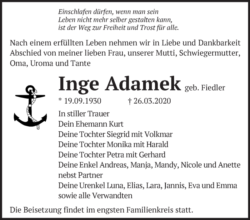  Traueranzeige für Inge Adamek vom 05.04.2020 aus Märkische Oderzeitung