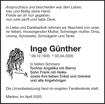 Traueranzeige von Inge Günther von Märkische Oderzeitung