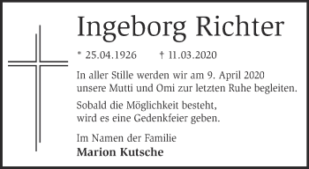 Traueranzeige von Ingeborg Richter von Märkische Oderzeitung